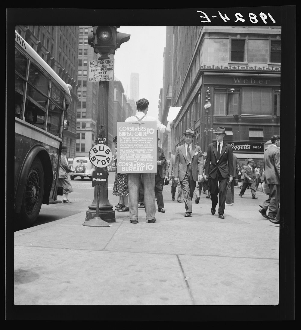 [Untitled photo, possibly related to: 42nd Street and Madison Avenue. Street hawker selling Consumer's Bureau Guide. New…