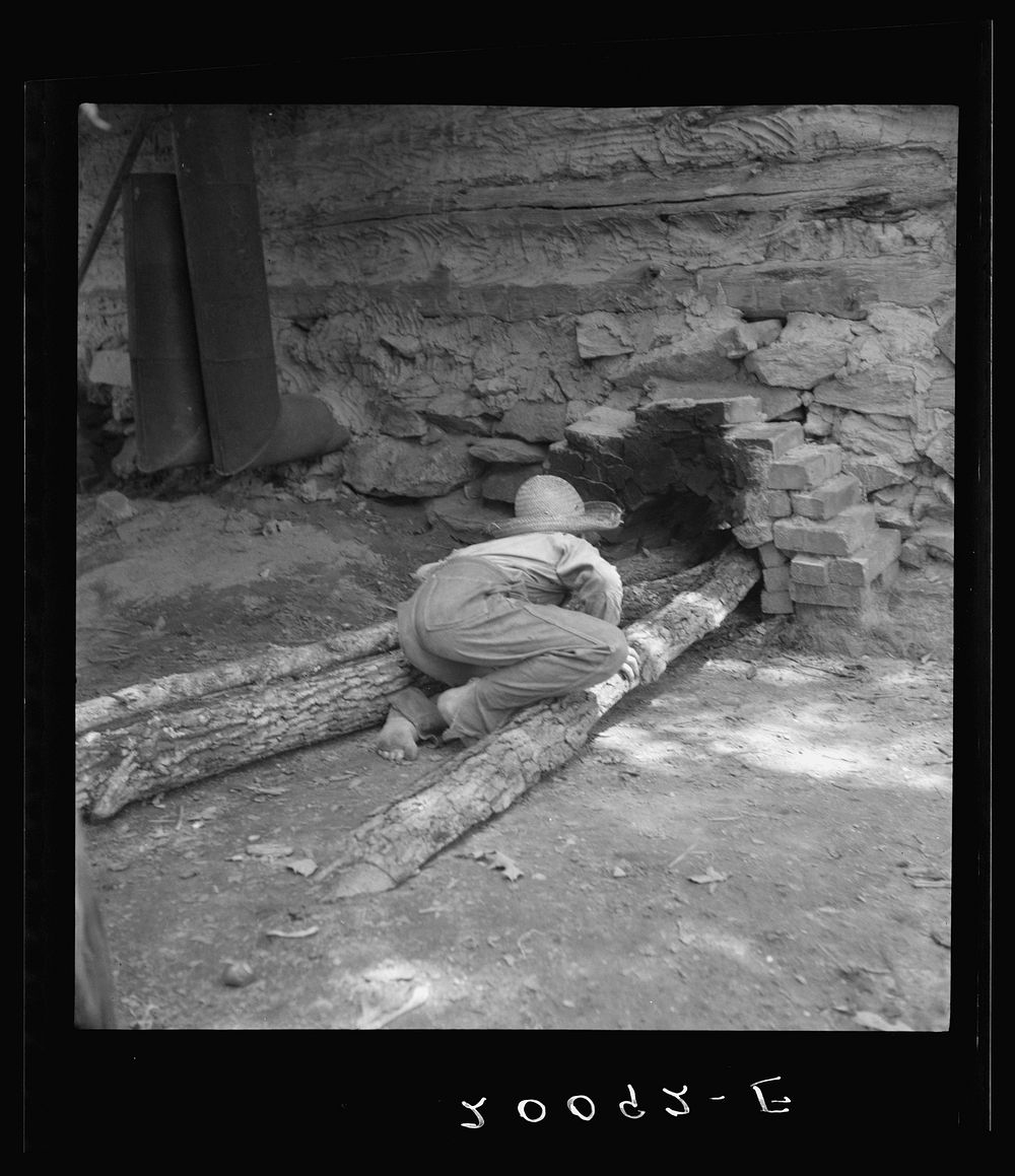 Ten year old son of tobacco tenant tends the fire which is curing the tobacco in the barn. Granville County, North Carolina.…