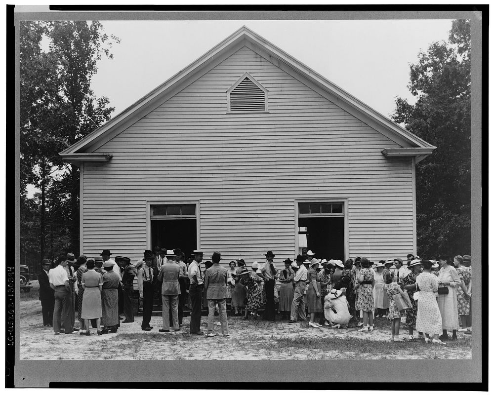 Gathering of congregation after church services. Wheeley's Church, Person County, North Carolina. Sourced from the Library…