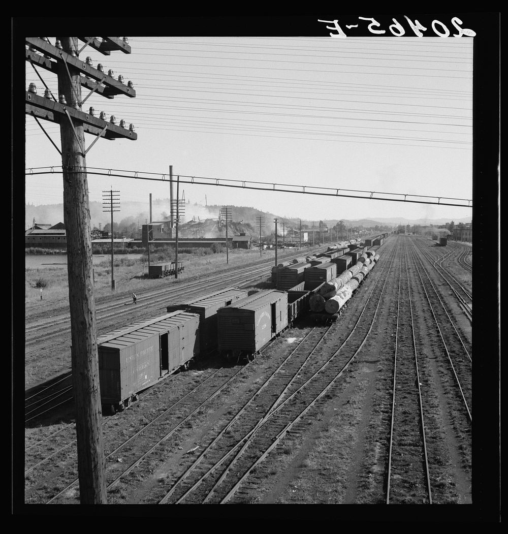 Washington, Lewis County, Centralia. Railroad yard, looking down from highway bridge. Disaster to the town: the one…
