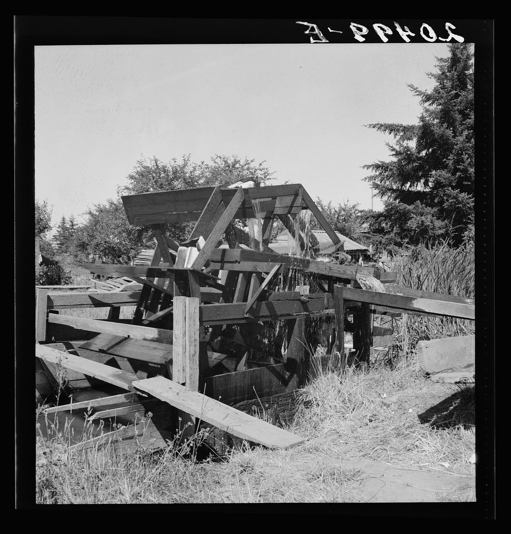 Oregon, Marion County, north of West Stayton. Waterwheel for field irrigation in the bean country. Sourced from the Library…