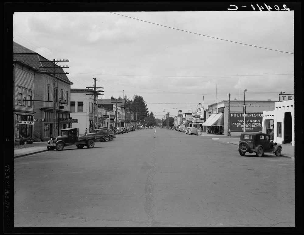 Western Washington, Grays Harbor County, Elma. On U.S. 410. Looking up the main street from point in front of city hall.…