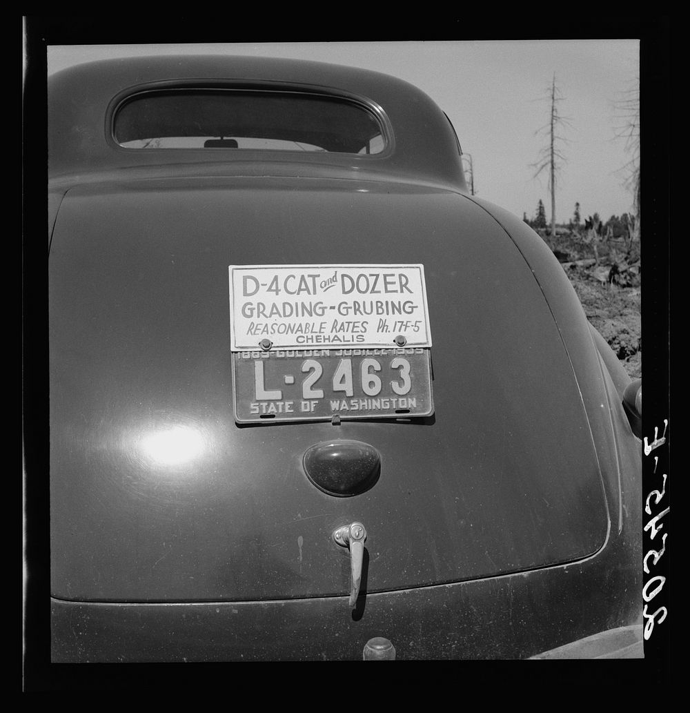Bulldozer contractor's car. Western Washington, Lewis County, near Vader.. Sourced from the Library of Congress.