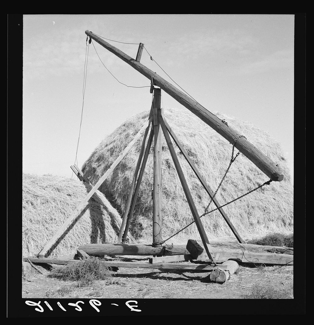 Type of hay derrick characteristic of Oregon landscape. Irrigon, Morrow County, Oregon. Sourced from the Library of Congress.