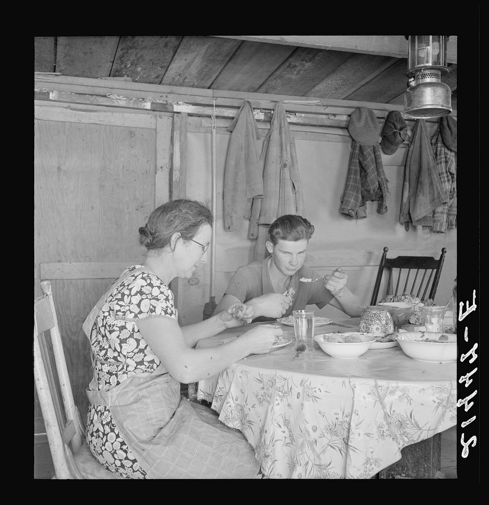 Mrs. Dazey and sixteen year old at lunch. The other children are working in neighbor's fields topping onions. Homedale…