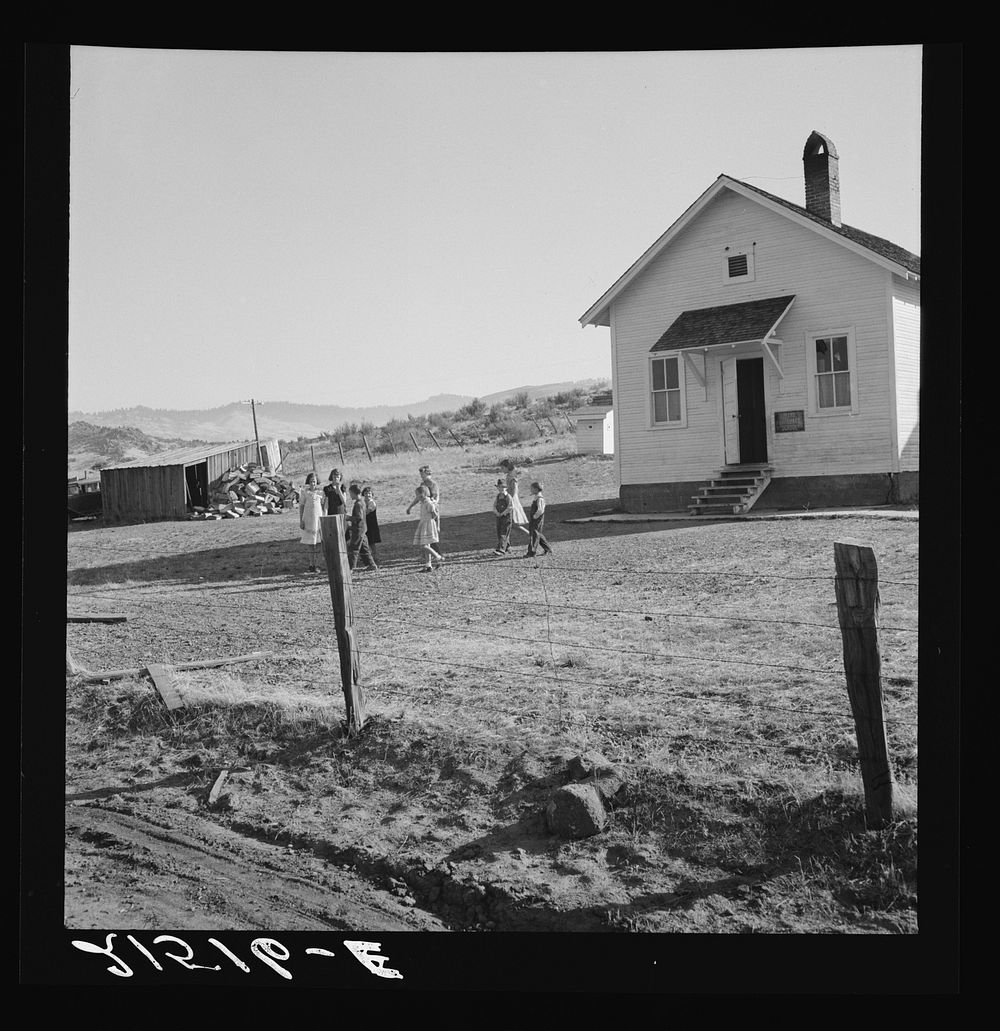 [Untitled photo, possibly related to: School attended by children of members of Ola self-help sawmill co-op. Gem County…