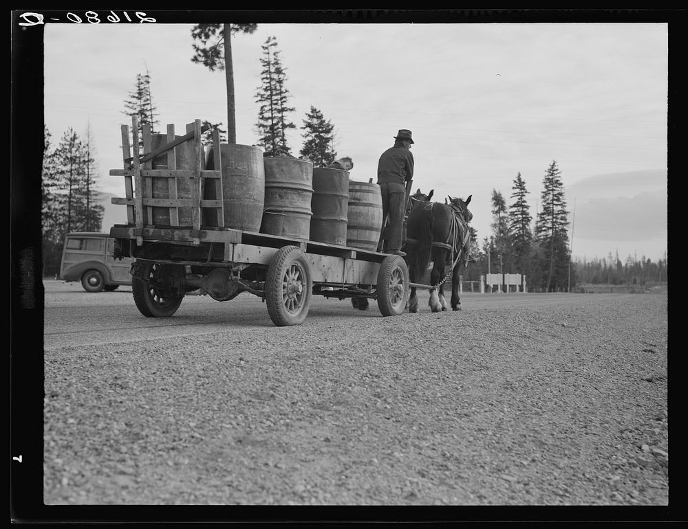 Farmer and his boy hauling water for drinking and domestic purposes to the stump farm. Boundary County, Idaho. General…