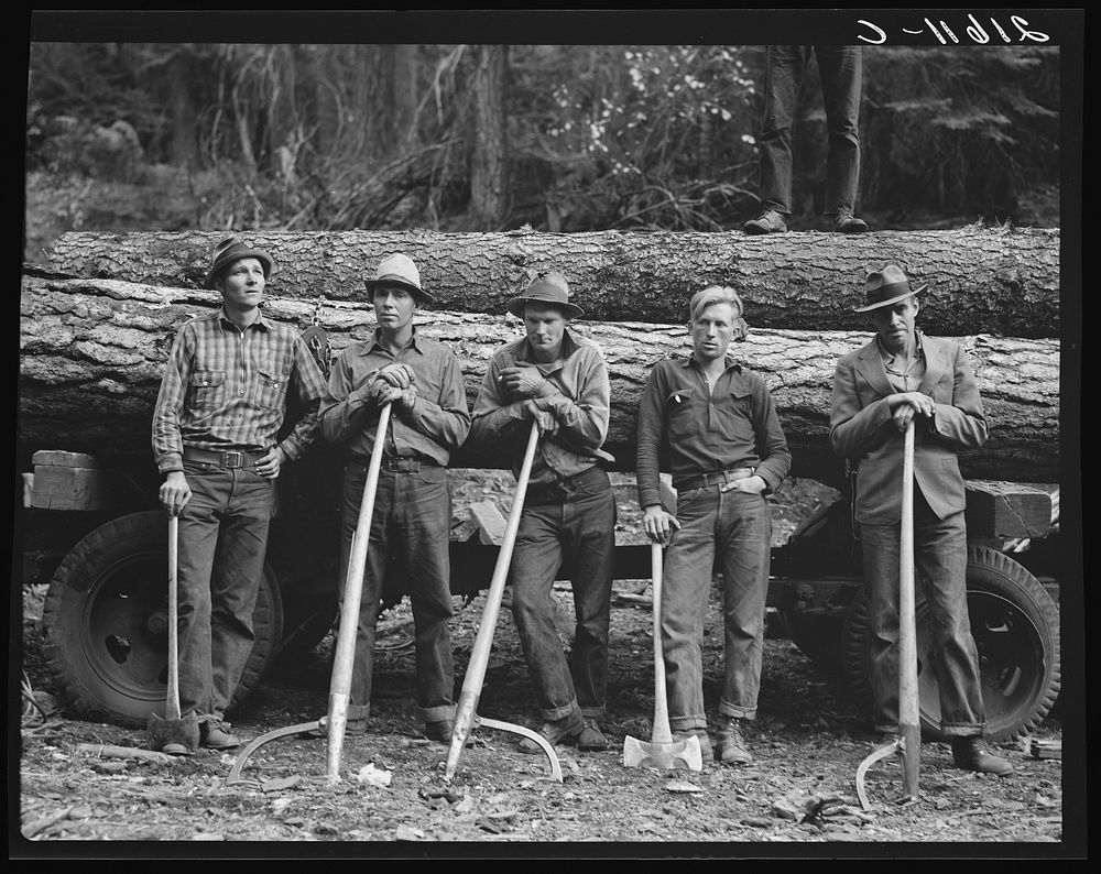 Five members of Ola self-help sawmill co-op. Gem County, Idaho by Dorothea Lange