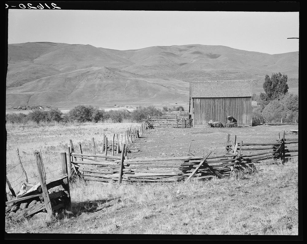 Farmyard in Squaw Creek Valley. Ola self-help sawmill co-op. Gem County, Idaho. Old wagon and buggy against the barn was…