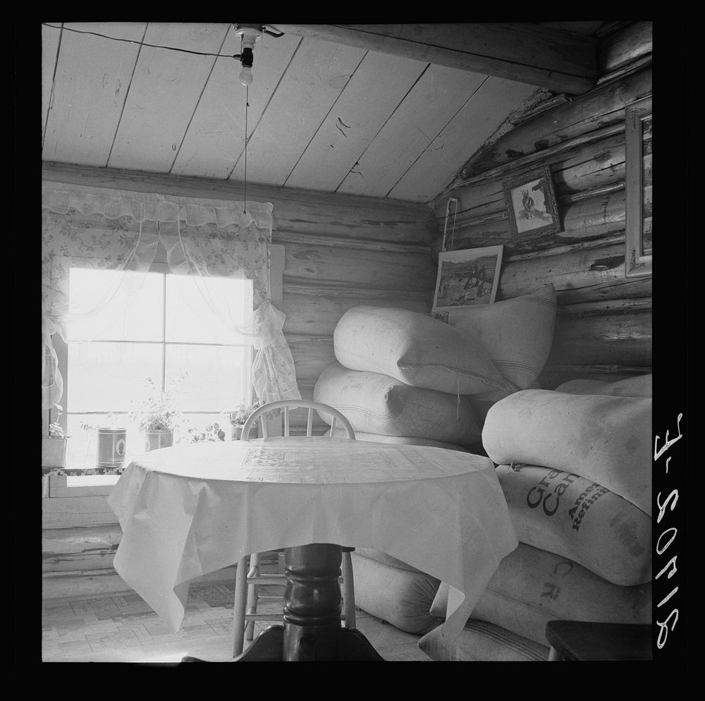 Interior of farmer's two-room log home. FSA (Farm Security Administration) borrower. They have their alfalfa seed stored in…