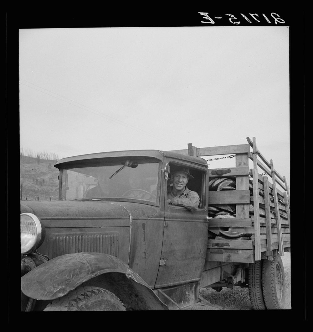 Stump farmer bringing load of slab wood to sell in town. Bonner County, Idaho. See general caption 49. Sourced from the…