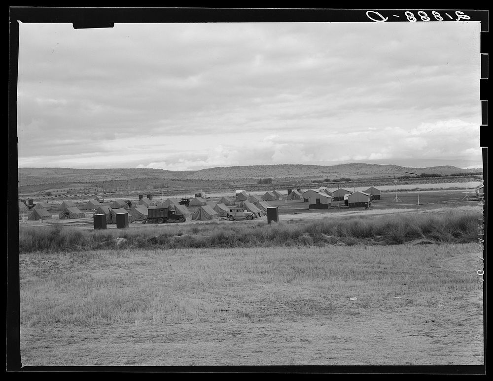 [Untitled photo, possibly related to: View of first FSA (Farm Security Administration) mobile camp unit in Klamath Basin…