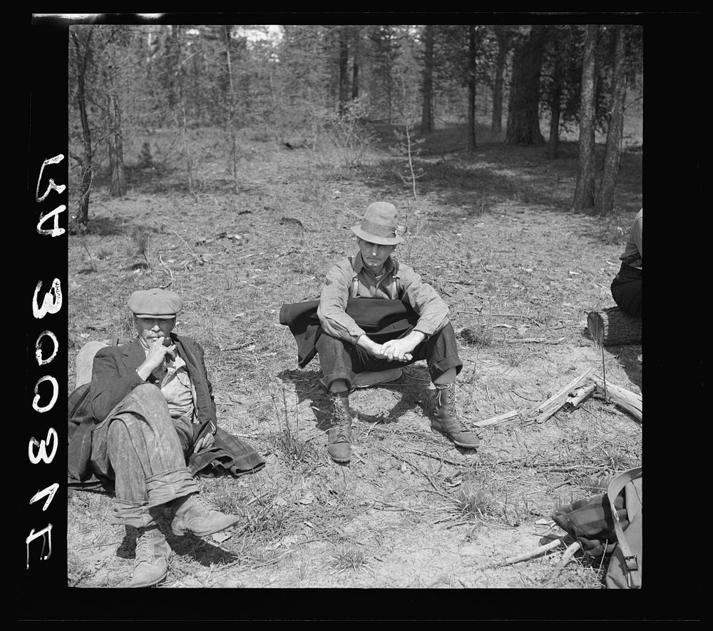[Untitled photo, possibly related to: Lumberjacks resting by roadside near Littlefork, Minnesota] by Russell Lee