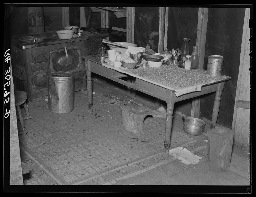 Corner of beet worker's home. Note corn drying on the table. Chaska, Minnesota by Russell Lee