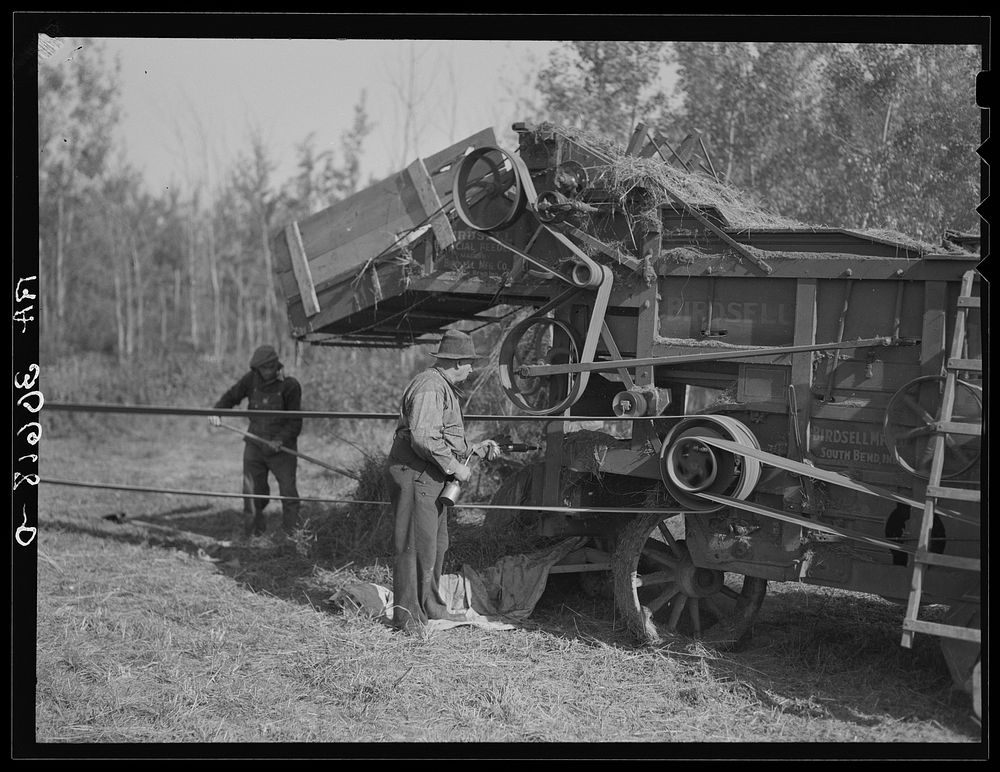 Oiling and greasing threshing machine near Littlefork, Minnesota by Russell Lee