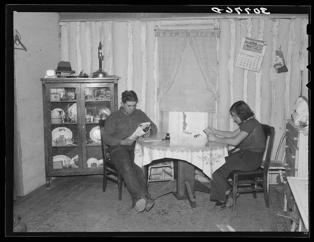 Children of farmer reading in dining room. Note construction of the walls. Williams County, North Dakota by Russell Lee