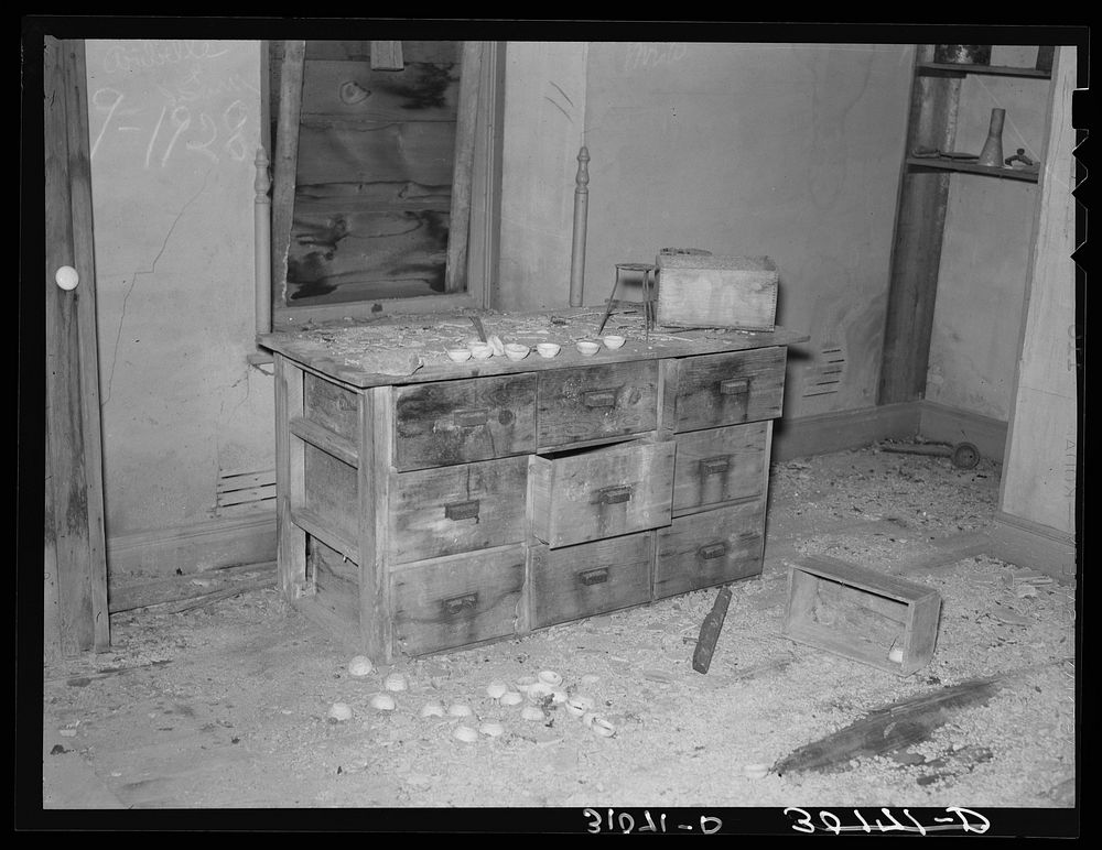 Chemical cabinet in assaying office at Two Bit Creek. Note the cupels for accommodating sample ore. South Dakota by Russell…