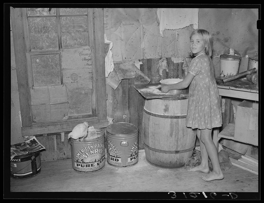 Southeast Missouri Farms. Sharecropper's daughter and chicken in kitchen of shack home by Russell Lee