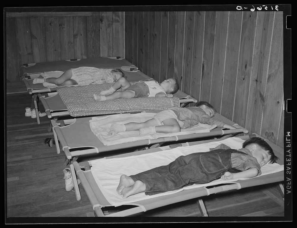 Supervised nap of schoolchildren. Lake Dick Project, Arkansas by Russell Lee