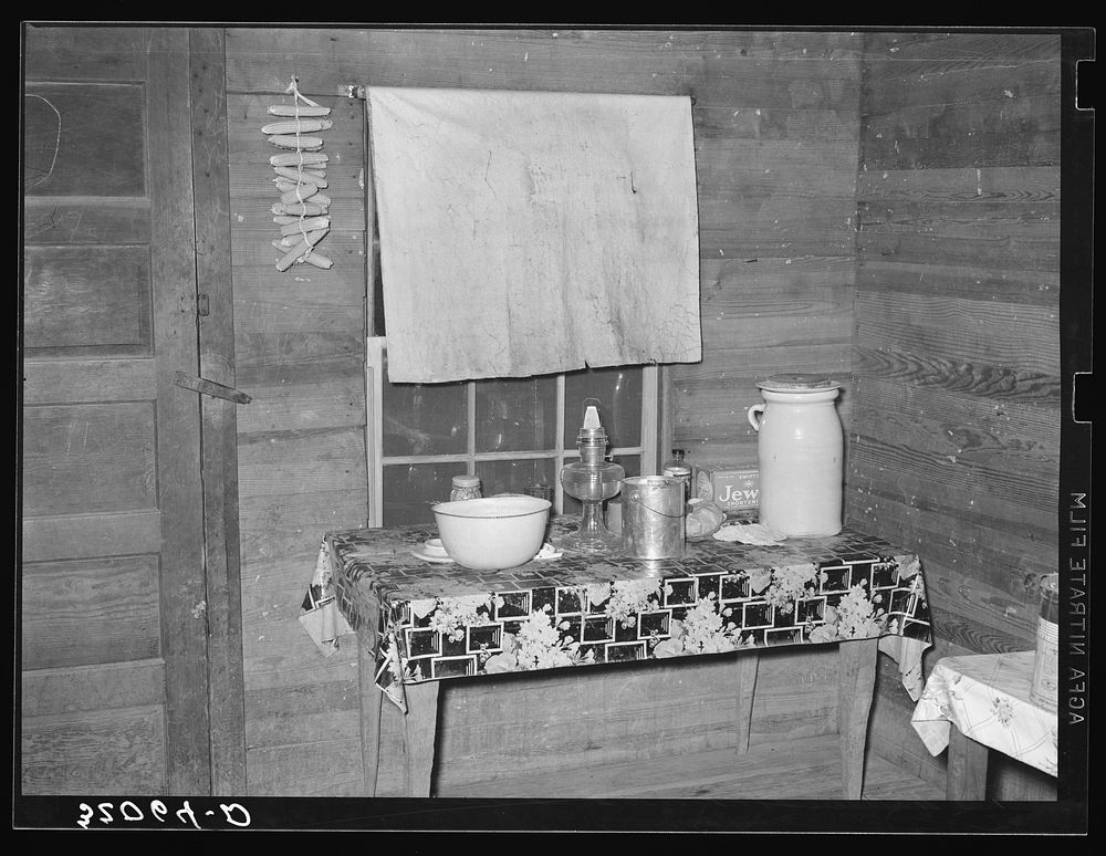 Kitchen table, farm family near Pace, Mississippi. Background photo, Sunflower Plantation by Russell Lee