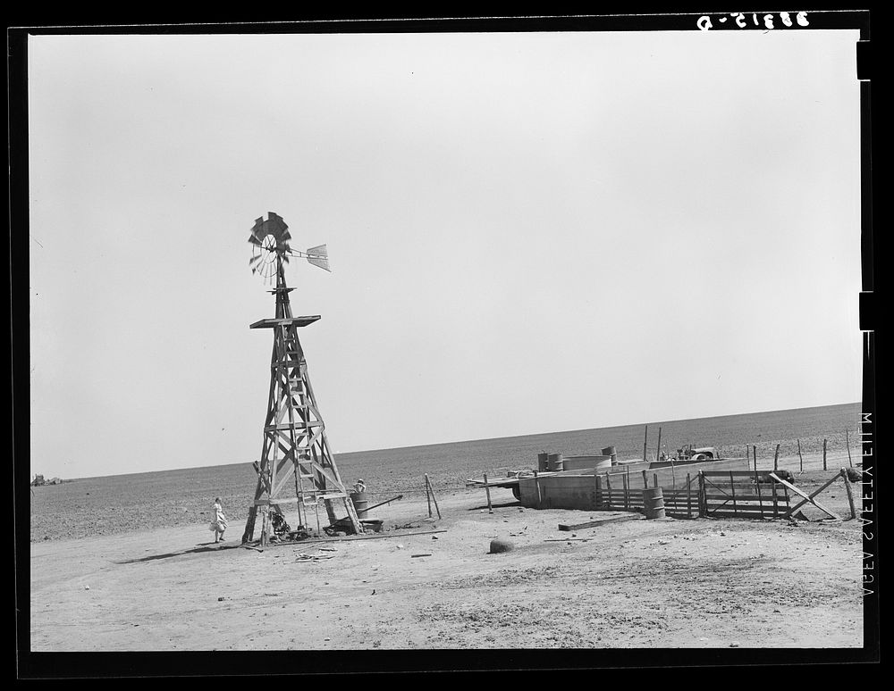 Windmill and watering trough on large farm near Ralls, Texas. Wife of day laborer is drawing water by Russell Lee