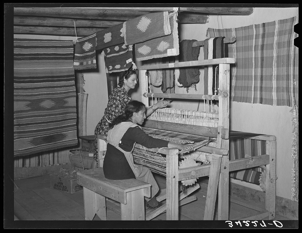 Spanish-American woman weaving a rag rug at WPA (Works Progress Administration/Work Projects Administration) project.…