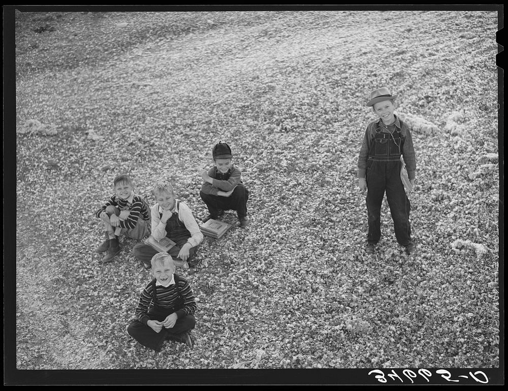 [Untitled photo, possibly related to: Children playing in the waste in the gin yard on their way home from school. West…