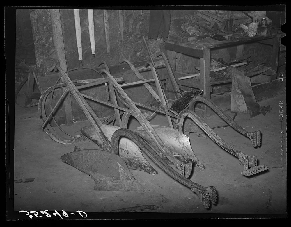 Plow points in smith shop. Depew, Oklahoma by Russell Lee