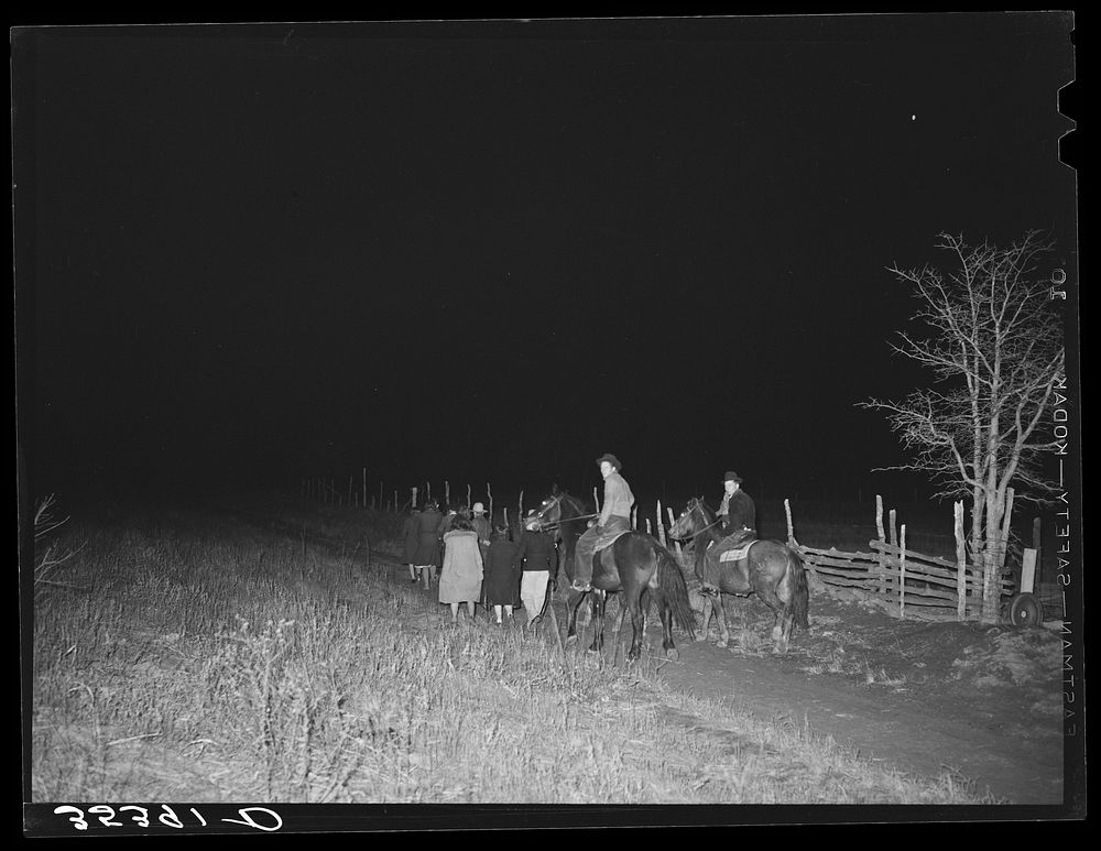 People leaving play party in McIntosh County, Oklahoma. See general caption 26 by Russell Lee
