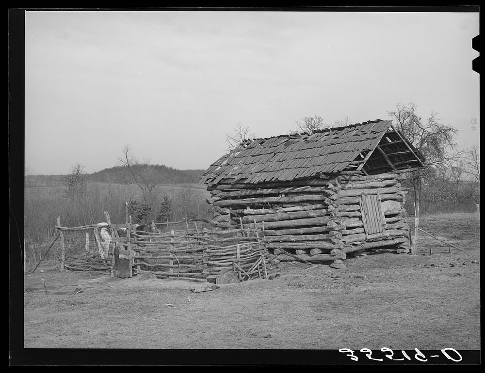 Log barn of  farmer in McIntosh County, Oklahoma by Russell Lee