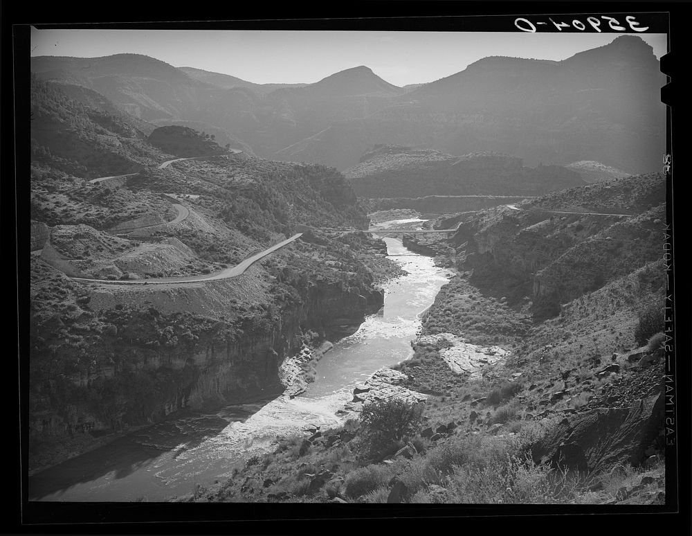 [Untitled photo, possibly related to: Winding character of the road is shown where Highway U.S. 60 crosses Black River in…