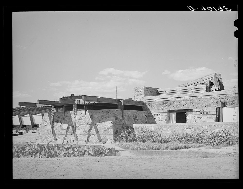 Detail of winter quarters of Frank Lloyd Wright. Foot of McDowell Mountain, Maricopa County, Arizona by Russell Lee