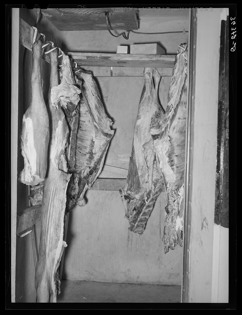 Meat hanging in the cold storage locker of the dairy of Casa Grande Valley Farms. Pinal County, Arizona by Russell Lee