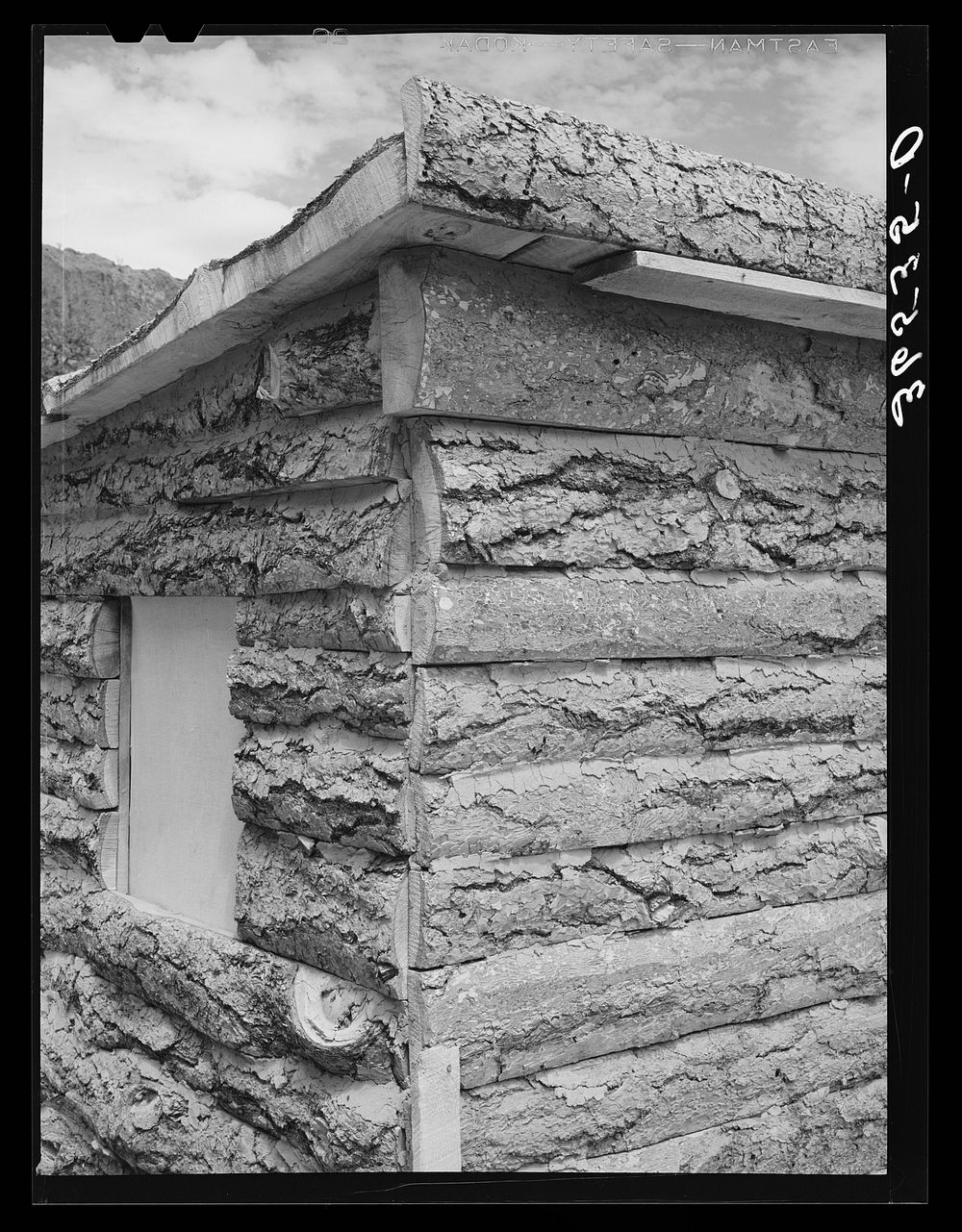 Detail of corner of slab house, Pie Town, New Mexico. Sawmill gives these slabs to farmers who will haul them away; however…