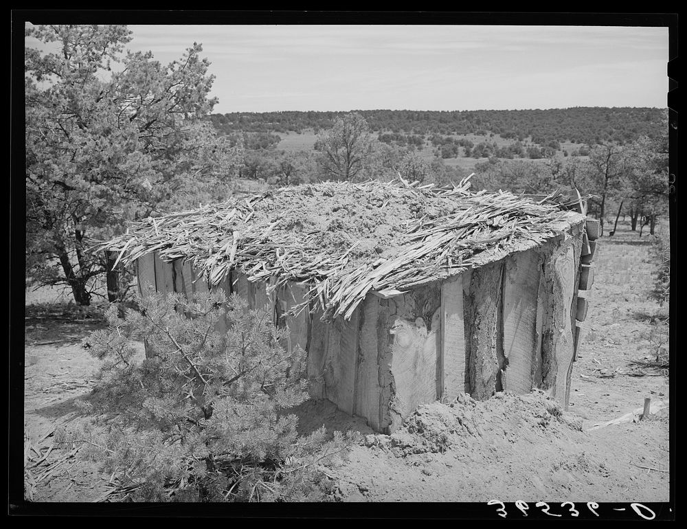 Shed made of slabs and roofed with slabs, dirt and bark strips. Pie Town, New Mexico by Russell Lee