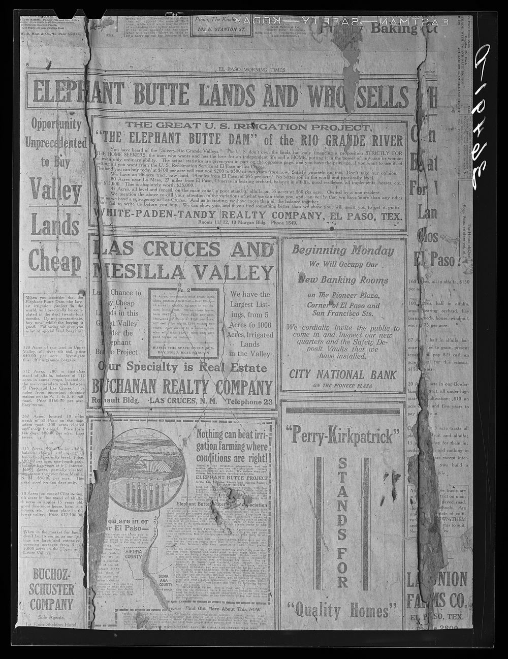 Old copy of El Paso Morning Times, about 1914, describing advantages of Elephant Butte Dam project and agricultural…