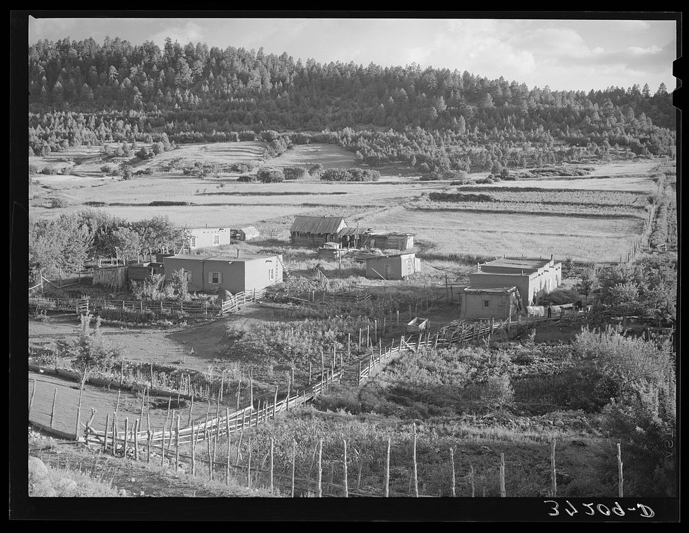 [Untitled photo, possibly related to: Spanish-American farmstead with farming land in background. Llano de San Juan, New…
