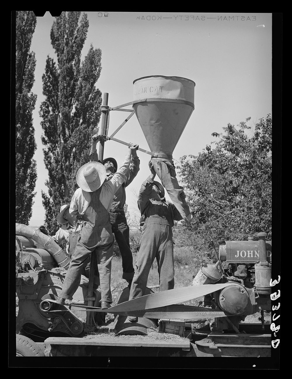 Members of FSA (Farm Security Administration) cooperative hay chopper elevating part of the blower. Box Elder County, Utah…