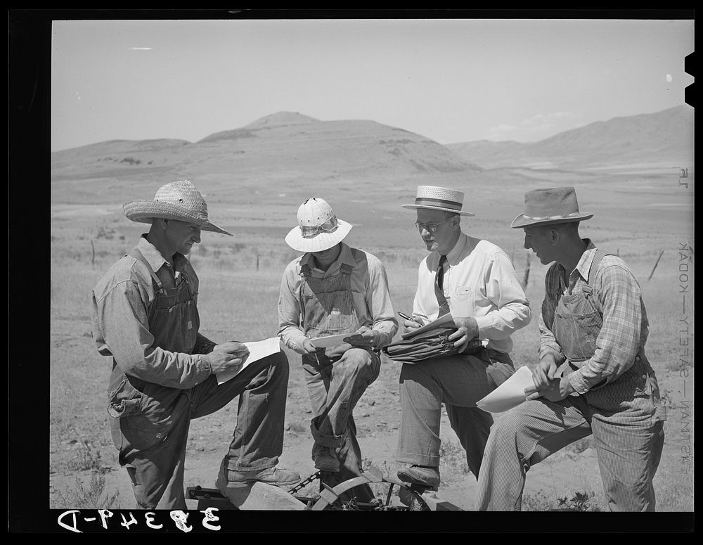 Mr. Thayne, FSA (Farm Security Administration) cooperative specialist, signing up three Ericson brothers to buy a…