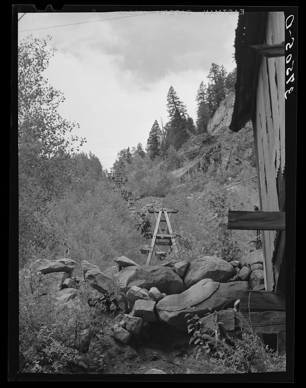 Aerial tram leading from mine to loading platform at narrow gauge railway station. Ophir, Colorado by Russell Lee