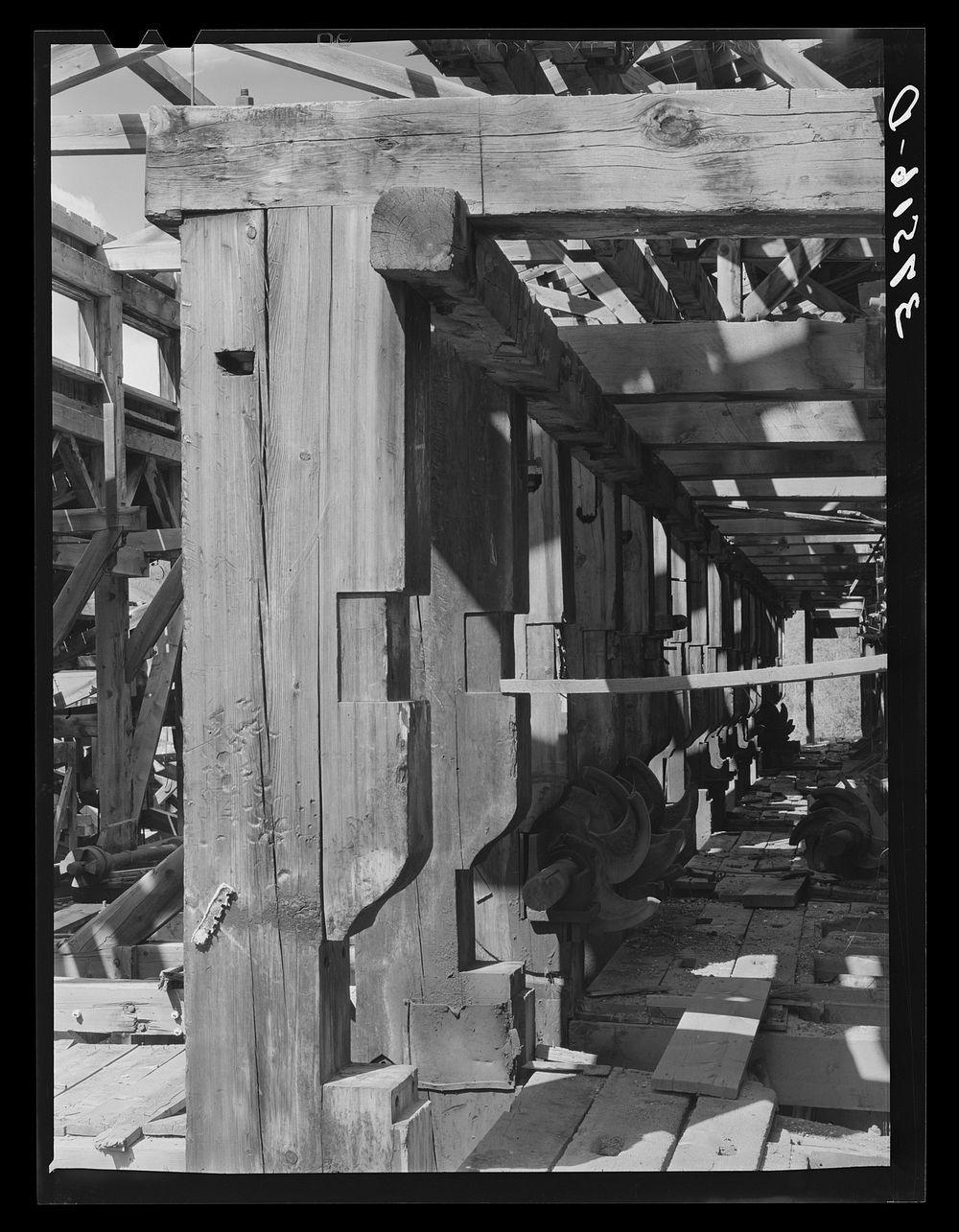 Detail of timbering and mill work of old mill at Telluride, Colorado by Russell Lee
