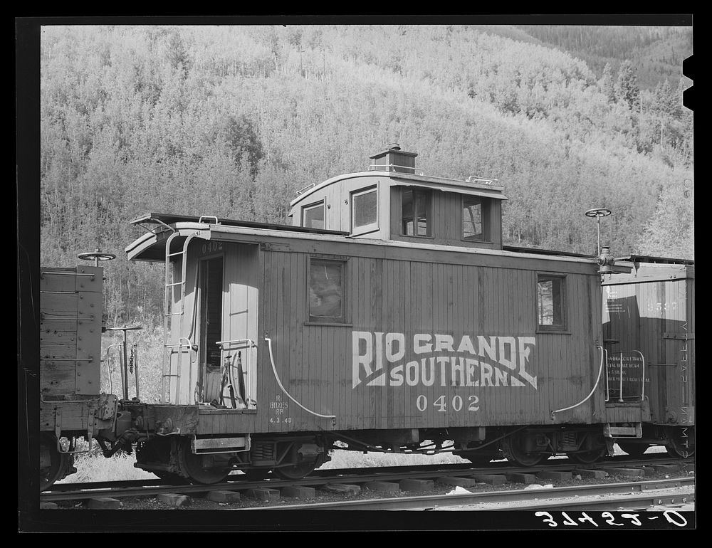 [Untitled photo, possibly related to: Caboose of the Rio Grande Southern narrow gauge railway. Telluride, Colorado] by…