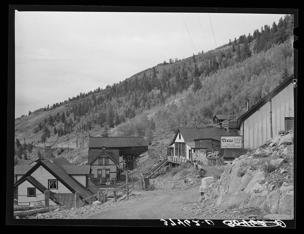 Looking towards the narrow gauge railway station at Ophir, Colorado by Russell Lee