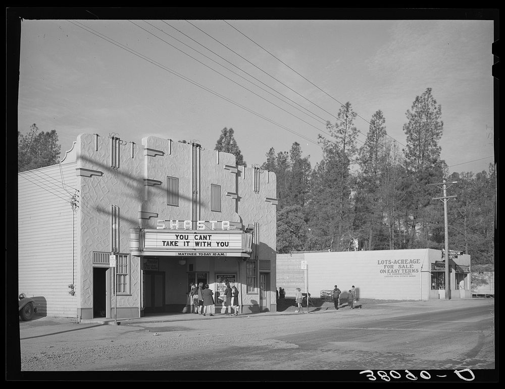Movie theater on main street of Central City, California, Shasta County, which owes its existence to the construction work…