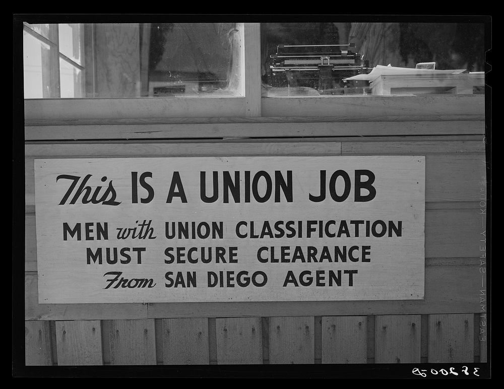 San Diego, California. Union sign at the replacement cantonment of the coast artillery by Russell Lee