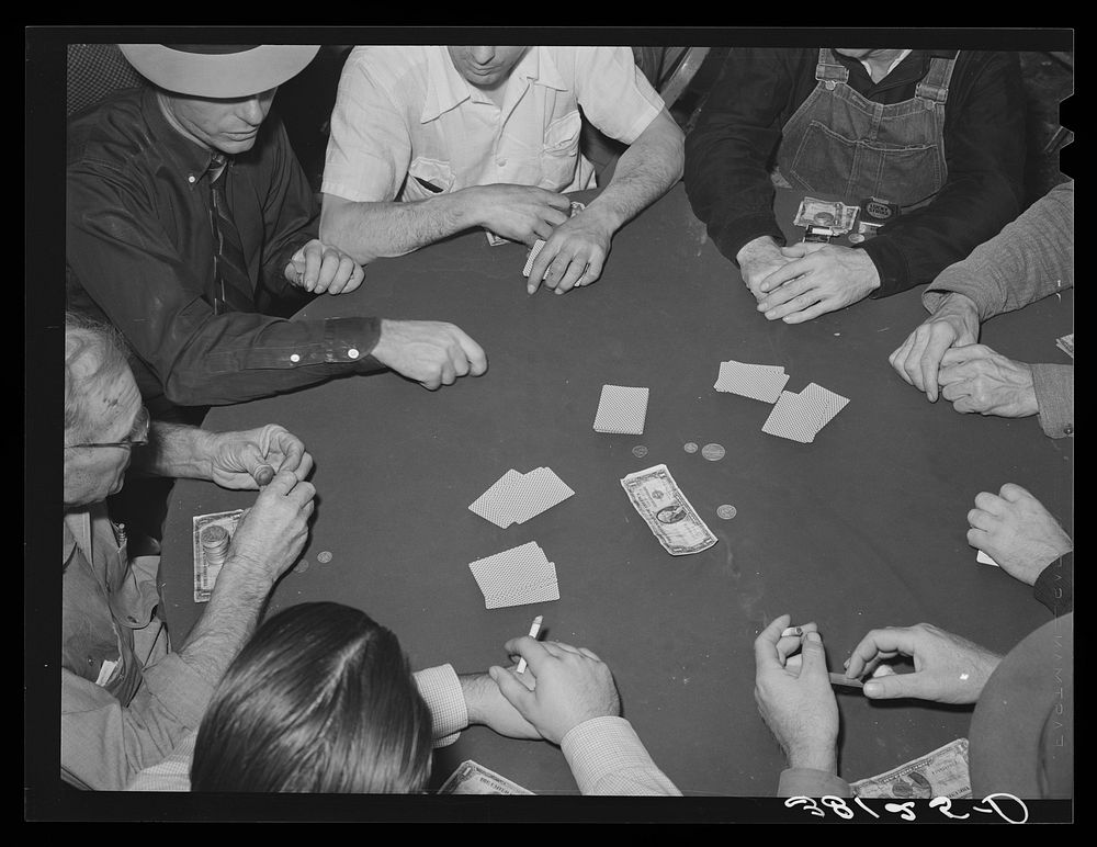 Poker game of construction workers at canteen. Shasta Dam, Shasta County, California by Russell Lee
