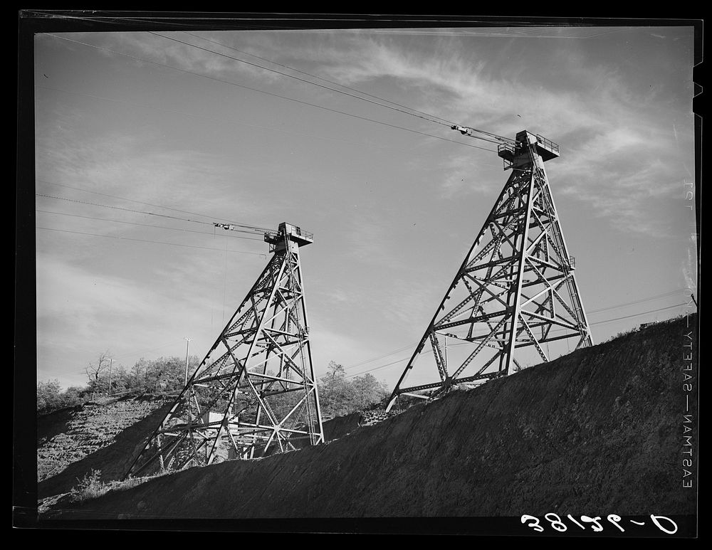 Towers connecting with central tower from which material for construction of Shasta Dam is distributed. Shasta County…