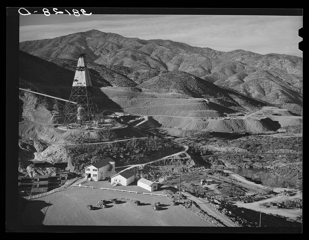 Central tower from which materials are distributed for construction of Shasta Dam. Shasta County, California by Russell Lee