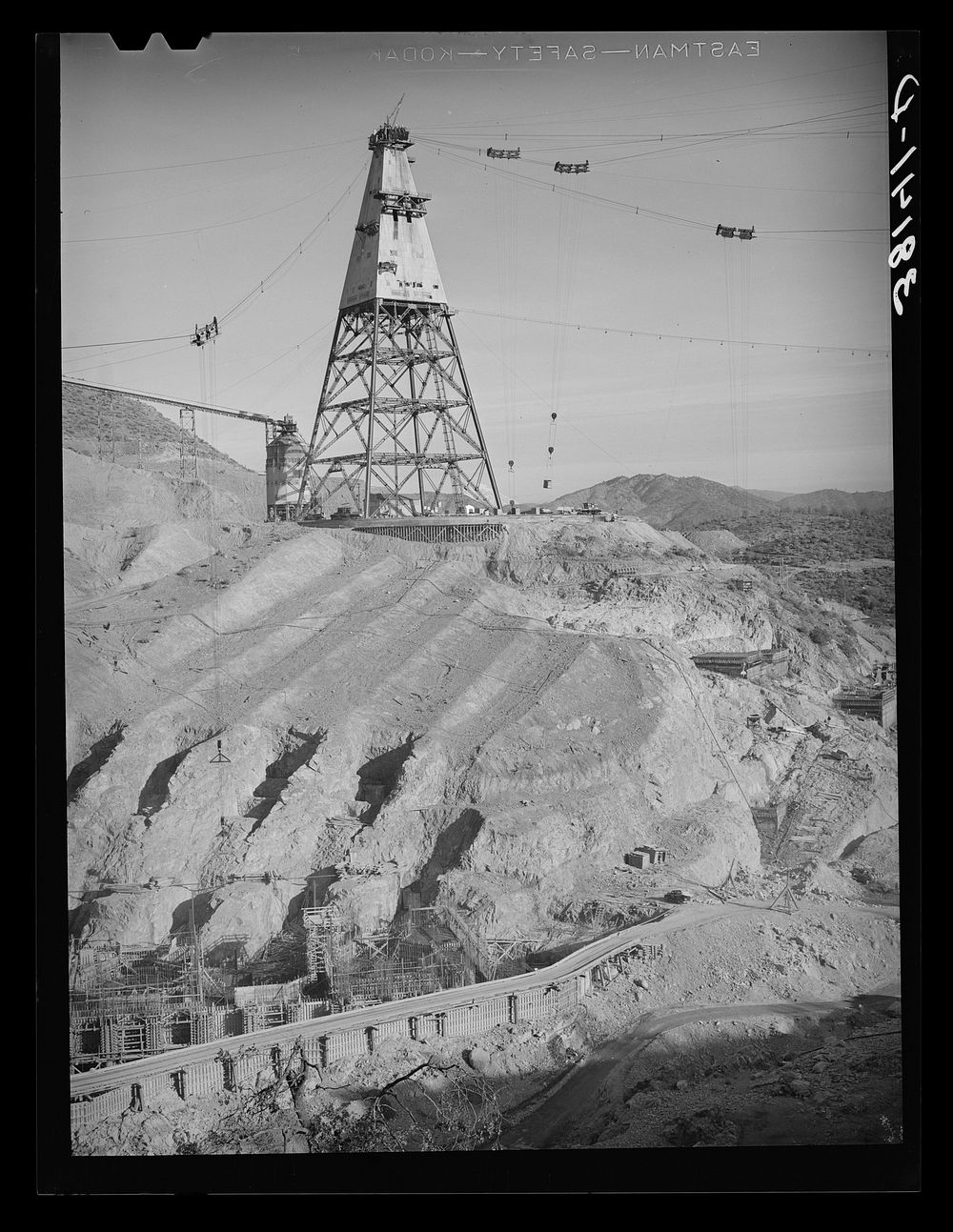 Central tower from which materials used in construction of Shasta Dam are distributed. Shasta County, California by Russell…