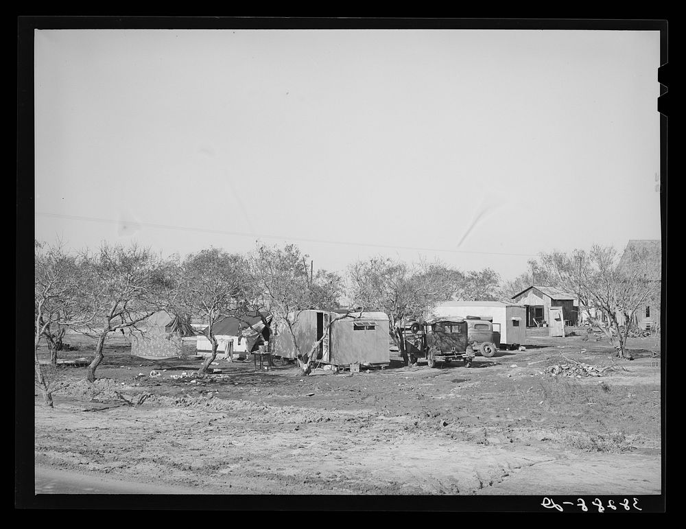 General view of camp of truck drivers and their families. Corpus Christi, Texas. These drivers work at the naval air base…